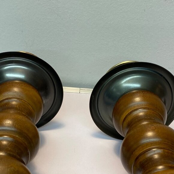 Vintage Wood Brass Set of 2 Candle Holders Homco Gold Tone 9.5"x4" MCM Retro - Picture 14 of 16